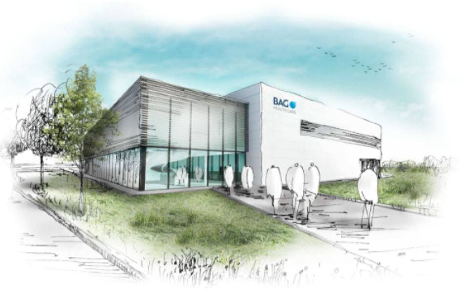 Skizze des Neubaus eines modularen, hoch automatisierten und repräsentativen Produktionsstandortes; BAG Health Care GmbH, Lich/Deutschland