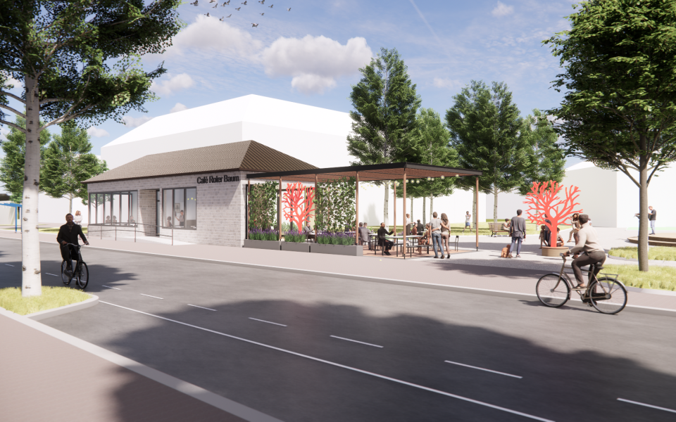 Visualisierung der Umgestaltung des Gemeindehauses Langen mit Café, Außenbereich und Freiraumgestaltung