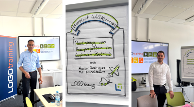 Collage aus drei Bildern vom LOGO-Training "Bauen im laufenden Betrieb" mit Huascar Rodriguez und Till Eichelbaum und einer Flipchart