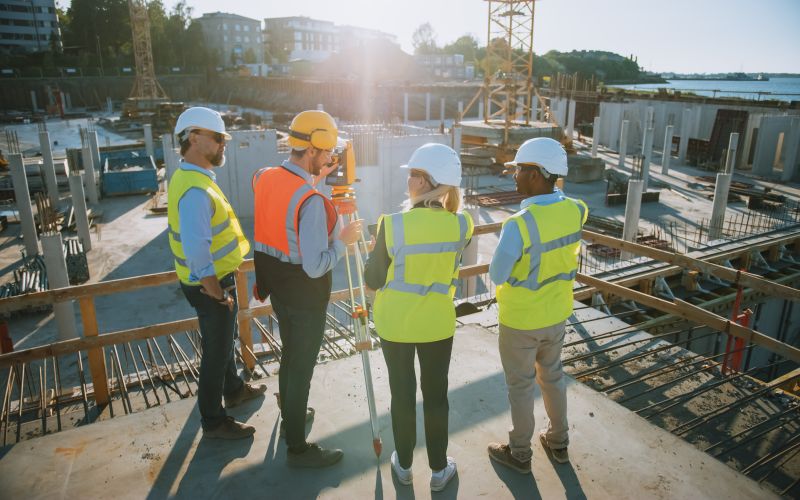 Bauarbeiter verwendet ein Theodolit-Vermessungsinstrument zur Messung von Winkeln in horizontalen und vertikalen Ebenen auf der Baustelle. Ingenieure und Architekt besprechen Pläne neben dem Vermessungsingenieur