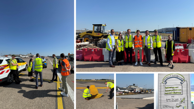 Bildcollage mit Huascar Rodriguez, Till Eichelbaum und weiteren Personen in Neon-Westen auf dem Flughafen Köln Bonn
