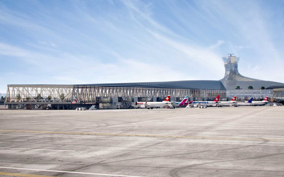 Visualisierung des Dock's und der Wurzel des Flughafens Zürichs mit Vorfeld und Verkehrsanbindung