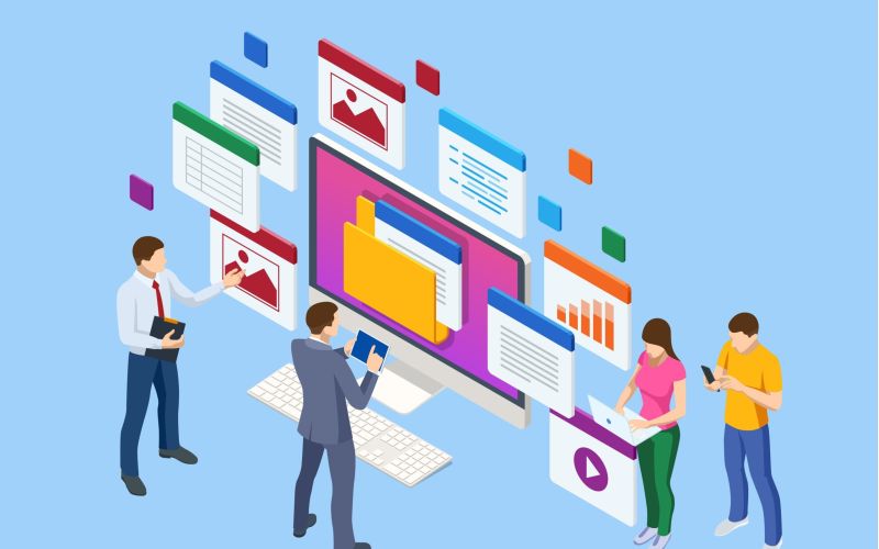 Isometrische Illustration zur digitalen Dokumentenverwaltung und Datenbankarbeit im Team