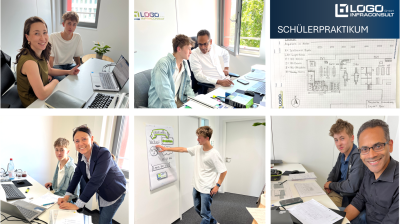 Bildcollage zum Schülerpraktikum bei LOGO InfraConsult mit Arbeitsbesprechungen, Planunterlagen und Einblicken in den Büroalltag