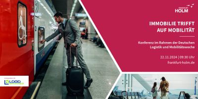 Geschäftsreisender steigt mit Koffer in einen Zug, Eventmotiv zur Konferenz „Immobilie trifft Mobilität“