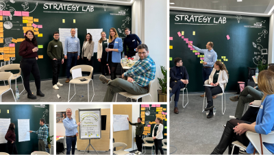 Collage aus verschiedenen Bildern vom Workshop im Strategy Lab mit Arved Weidemüller und weiteren Teilnehmenden