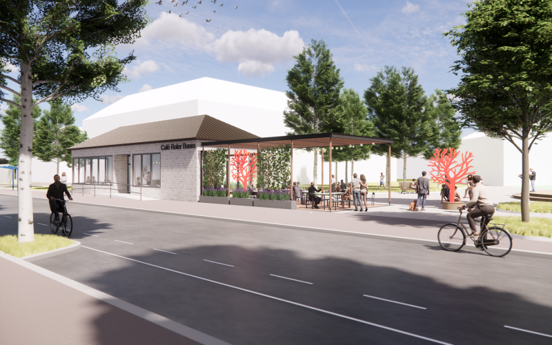 Visualisierung der Umgestaltung des Gemeindehauses Langen mit Café, Außenbereich und Freiraumgestaltung