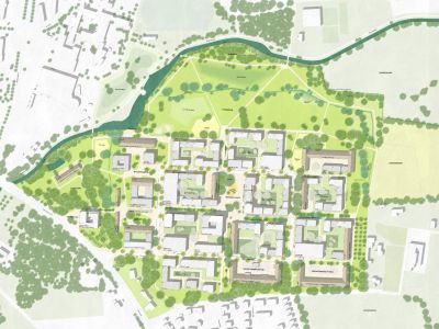 Städtebaulicher Rahmenplan-Ausschnitt mit geplanten Gebäudestrukturen, Grünflächen und Wegen im zukünftigen Campus- und Quartiersbereich von Gütersloh