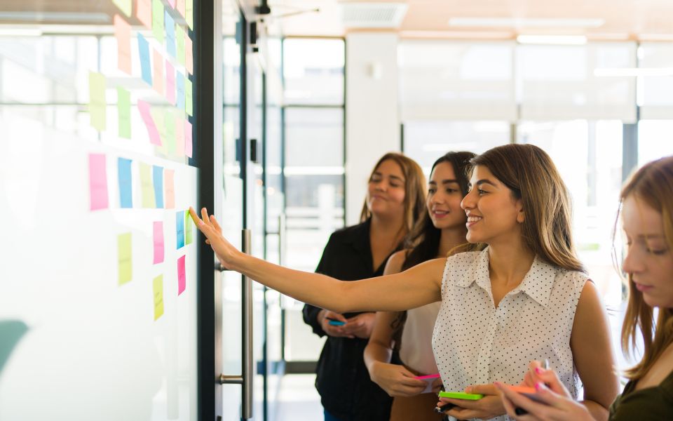 Team im Workshop bei der Strukturierung von Inhalten mit Post-its an einem Whiteboard