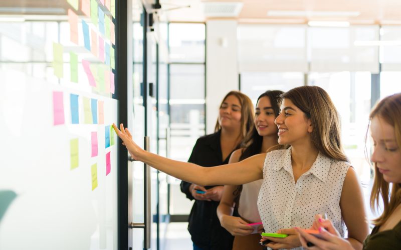 Team im Workshop bei der Strukturierung von Inhalten mit Post-its an einem Whiteboard