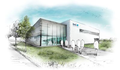 Skizze des Neubaus eines modularen, hoch automatisierten und repräsentativen Produktionsstandortes; BAG Health Care GmbH, Lich/Deutschland