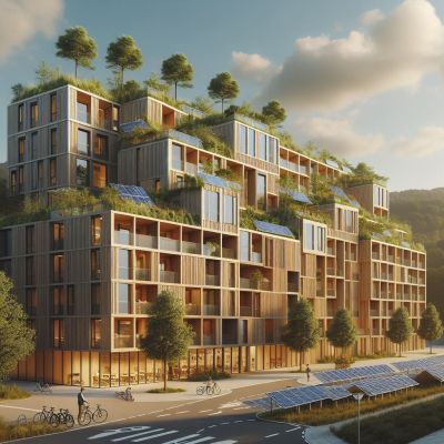 KI generiertes Studentenwohnheimaus aus Holz mit begrünten Dächern