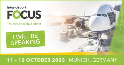 Speaker-Ankündigungsbanner für den inter airport FOCUS Sustainability Summit 2023 in München mit Flugzeugmotiv und Veranstaltungstermin