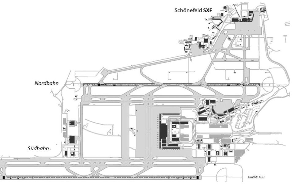 Karte Flughafen Berlin Schönefeld mit der Nord- und Südbahn