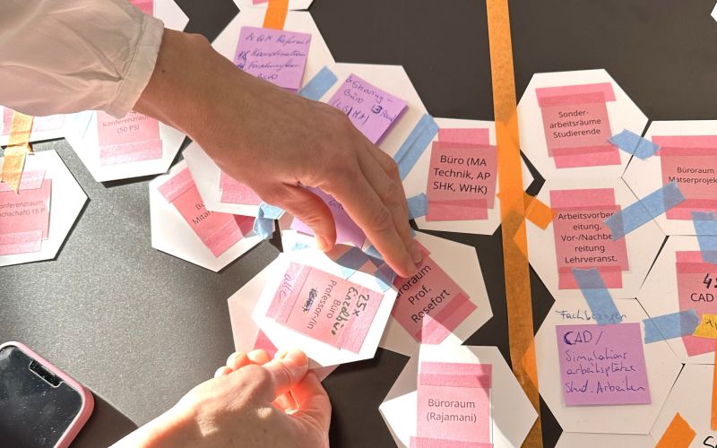 viele bunte Karten mit Begrifflichkeiten in einem Nutzerworkshop